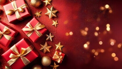 red christmas gift boxes with gold ribbons and stars on a festive background