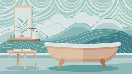 A serene master bathroom with a freestanding soaking tub a teak wood bench and coastalinspired wallpaper in shades of seafoam and sand.