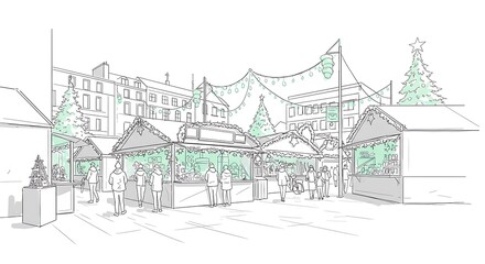 black and white minimalist sketch, charming christmas market with technology, subject on the right, mint green tones. ,isolated on bright background, no text, ultra sharp detailed