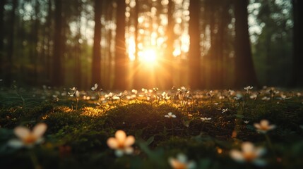 A serene scene capturing the sunlight streaming through trees over a field of delicate flowers, embodying tranquility and the beauty of nature's central elements.