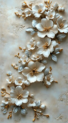 Delicate, sculpted floral arrangement in cream and gold on a textured beige background