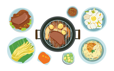 Grilled Beef and Vegetables on Barbecue Grill with Side Dishes - Vector Illustration
