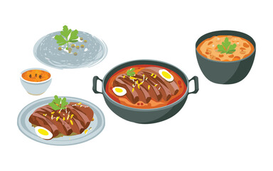 Braised Beef Noodle Soup with Meat and Rice - Vector Illustration