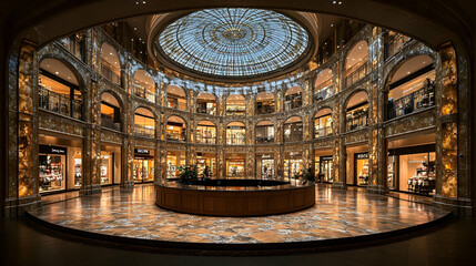 Obraz premium Grand interior of a luxury shopping mall with multiple levels, arched walkways, and a stunning domed ceiling