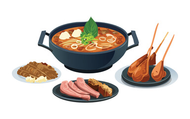 Spicy Noodle Soup with Meat and Vegetables in Black Pot and Set of Meat- Vector illustration