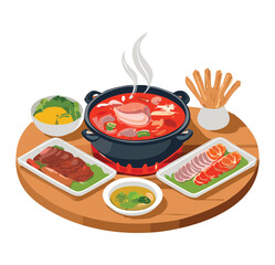 Kimchi Hotpot with Slice Beef and Side Dishes - Vector Illustration