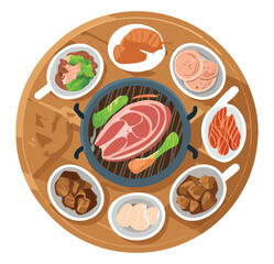 Korean BBQ Platter with Sliced Beef, Pork, and Mushrooms on a Wooden Board - Vector Illustration