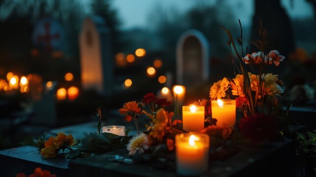 Candlelit Remembrance: Grave Illumination with Floral Tributes in Cemetery