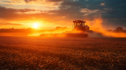 Fototapeta premium Harvest Tractor at Sunset in a Golden Wheat Field