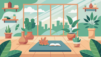A tranquil yoga studio filled with plants and natural light provides a peaceful escape for students.