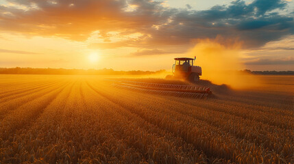 Fototapeta premium Harvest Tractor at Sunset in Golden Wheat Field