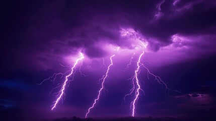 Dramatic Lightning Strikes Under Dark Stormy Sky with Intense Purple Light
