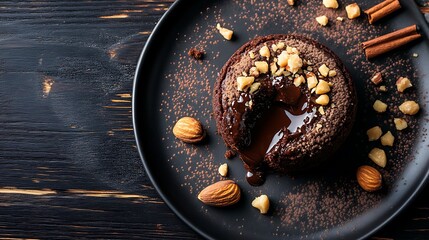 Molten Chocolate Lava Cake with Nuts and Cocoa Powder on Black Plate