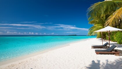 Obraz premium serene tropical beach resort with turquoise water and loungers on white sand