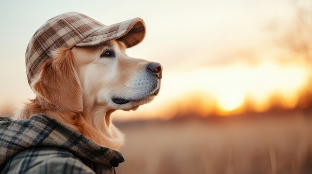 A heartwarming portrait of a golden retriever dressed in a patterned cap against a sunset background, capturing the playful spirit and charm of canine personalities.