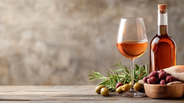 A glass of wine next to a bottle and a bowl of olives on a rustic wooden table, promoting a sense of relaxation and enjoyment of culinary experiences.