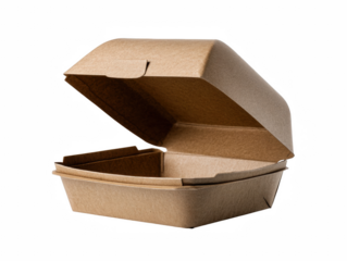 Brown cardboard food container packaging box empty take away eco shot meal on transparent background