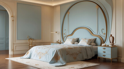 Luxury blue and gold bedroom in hotel suite with royal bed classic furnishing and elegant aristocratic palace style interior finish Luxurious Bedroom Interior Design
