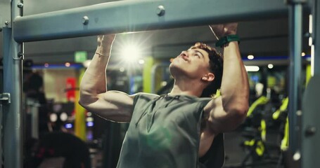 Fitness, bodybuilding and man with pull up bar, gym and exercise for wellness and muscle with equipment. Health club, athlete and person with power for body, routine and bodybuilder with strength