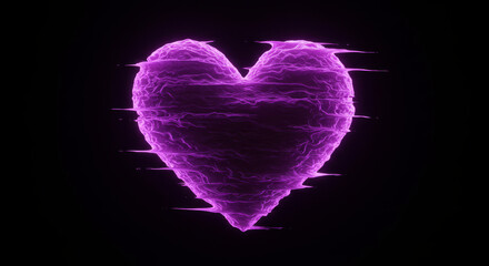 Glowing purple heart shape with glitch effect against black background, digital art for modern designs and heartbreak concept