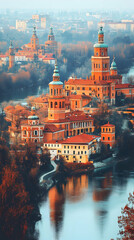 Fototapeta premium Panoramic view of historical European city reflected in a river. Colorful buildings, towers, and cathedrals