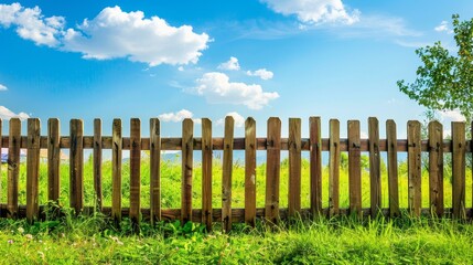 Obraz premium A rustic wooden fence embraces lush green grass, framed by bright blue skies, creating an idyllic garden scene.