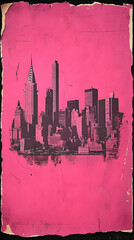 Vintage, textured, graphic depiction of a New York City skyline on a pink background