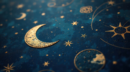 Naklejka premium Mystic lunar-phase pattern creates an elegant celestial chart in a star-strewn night sky