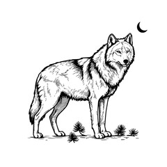 Eurasian Wolf standing in a forest with a crescent moon background  Line Icon - Simple Vector Outline in minimalistic black and white design 
