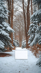 Snowy forest path with blank canvas