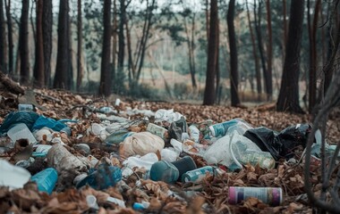Trash scattered on the ground in the woods