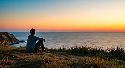 Ocean Sunset Contemplation: Coastal Solitude at Dusk