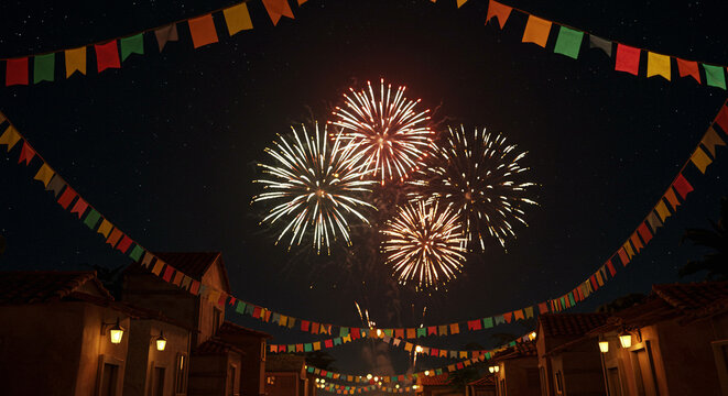 Noite festiva de S&atilde;o Jo&atilde;o em um arraial iluminado por fogueiras e luzes de cord&atilde;o, com coloridos fogos de artif&iacute;cio explodindo no c&eacute;u estrelado Festa Junina