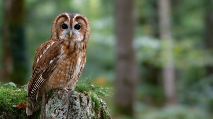 A brown owl sits on a mossy stump, gazing directly at the camera in a forest