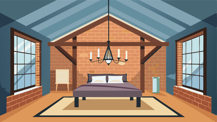 A topfloor loft with an exposed brick wall and high ceilings featuring a modern fourposter bed made from reclaimed barn wood and a metal and glass chandelier. © Justlight