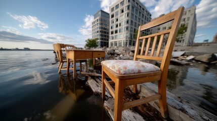 Wooden Chairs and Table on a Rocky Riverside with Modern Urban Buildings in the Background