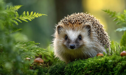 Fototapeta premium A charming hedgehog, surrounded by lush greenery, gazing directly into the camera. The details are sharp