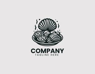 Naklejka premium Vector logo illustration of steamed clams on a plate with lemon slices. Flat cartoon food design for seafood cuisine and restaurant branding.
