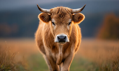 Obraz premium A close-up of a brown cow with horns, standing in a field with a blurry background