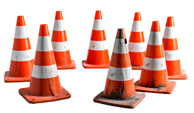 8 broken traffic cones isolated on a transparent background, PNG