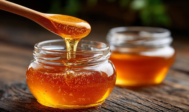 A close-up of honey pouring from a wooden spoon into a glass jar, golden