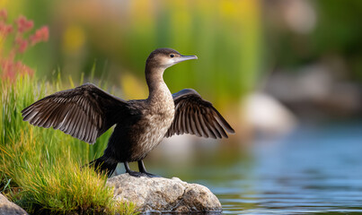 A cormorant bird with its wings spread open perches on a stone near the water