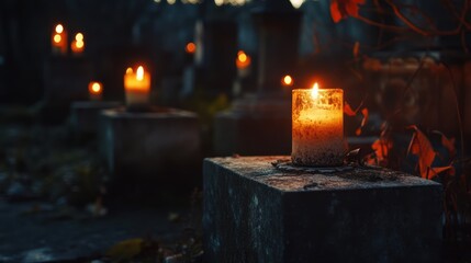 Eerie luminescence: Candles glow amidst old graves in the tranquil twilight cemetery