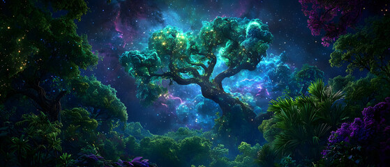 Fototapeta premium Glowing Trees In A Cosmic Forest At Night