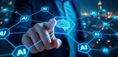 Obraz premium AI Integration: A hand reaches out towards a glowing, interconnected network of AI symbols, symbolizing the integration and impact of artificial intelligence on our future.