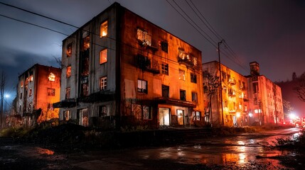 Burnt apartments at night