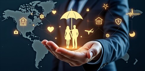 Protecting Lives Globally: A compelling visual of a hand cradling a family beneath an umbrella, set against a world map backdrop, signifying worldwide security, support, and peace of mind.