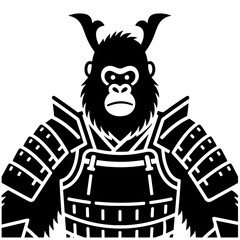 A fierce gorilla samurai warrior in black and white vector art.  The gorilla wears a traditional samurai suit of armor with horns.
