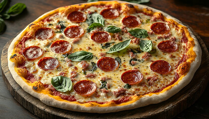 Pepperoni Pizza with Basil on Wooden Board