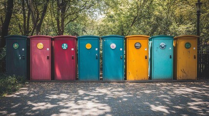 Colorful recycling bins line a park path under shade